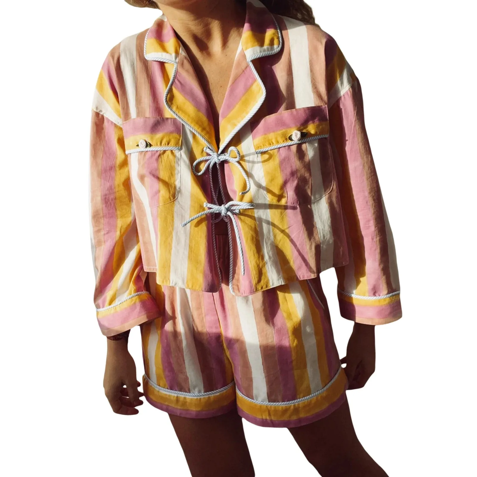 Znbbw Women y2k Aesthetic Tie Front 2 Piece Clothes Sets Floral Print Long Sleeve Elegant Shirts Tops Loose Shorts Loungewear Outfits - Image 8