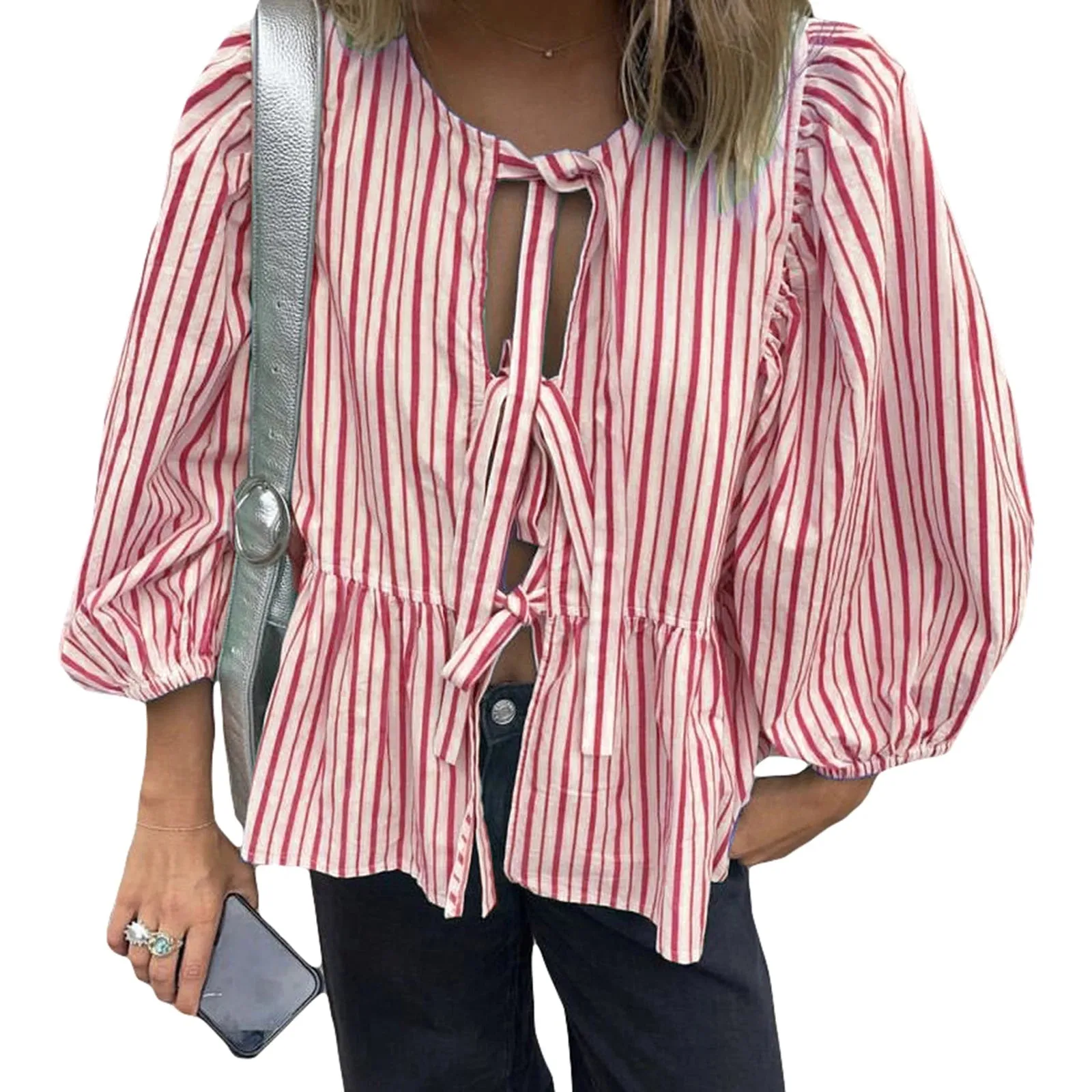 Znbbw Women y2k Puff Short Sleeve Shirts Tie Front Ruffle Hem Loose Office Blouse Tops Teen Girls Lace up Cute Summer Kawaii Tops - Image 17