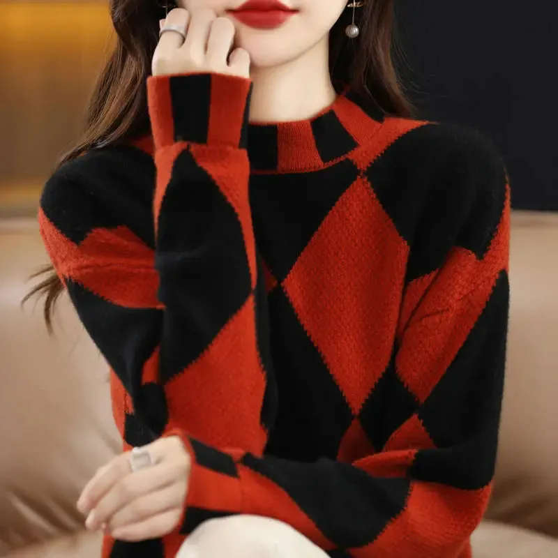 Znbbw 2024 color contrast diamond check sweater women half high neck sweater loose sweater knitting pullover female top - Image 6