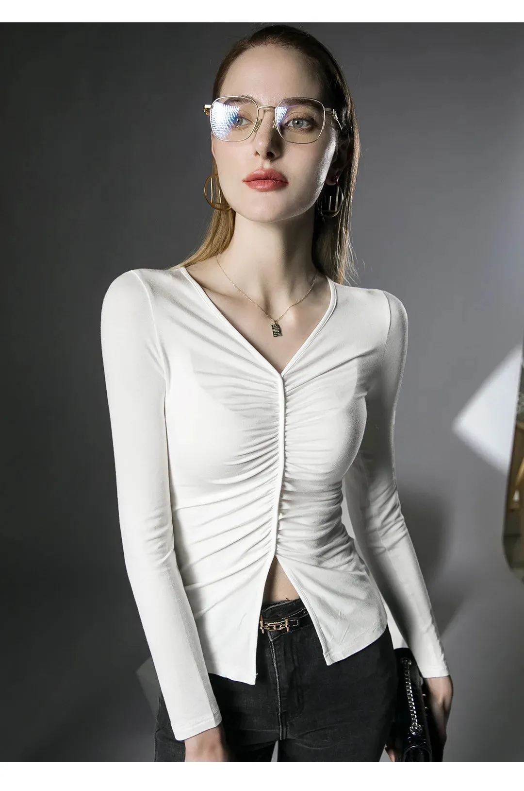 Znbbw Women V-neck Long Sleeve T-shirts Tees Girls Solid Slim Folds Split Tees T shirts Tops For Female Real Photos - Image 3