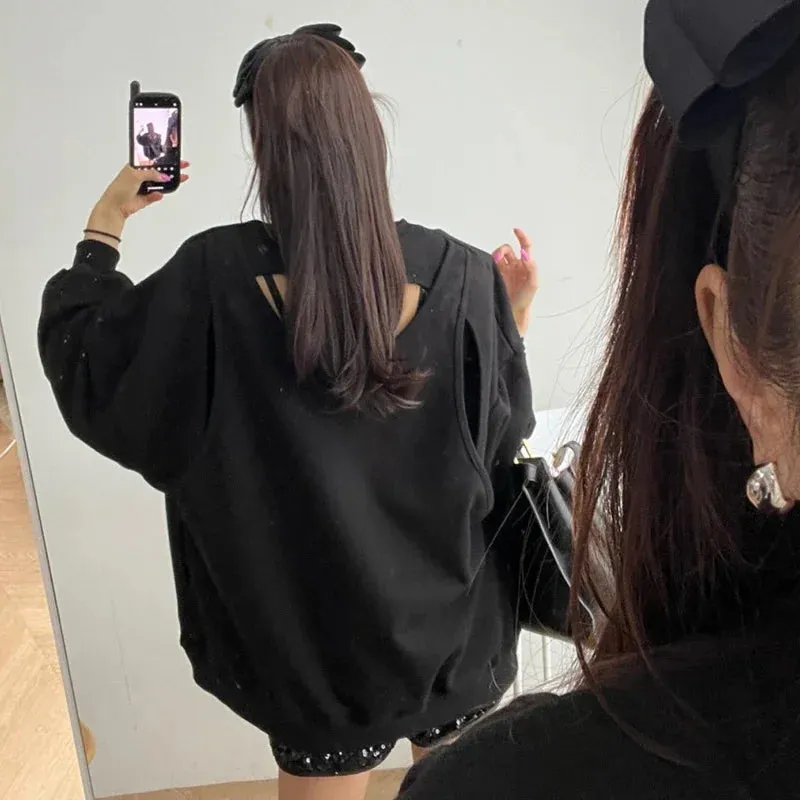 Znbbw Back Hollow Out Hoodies Women Spring Fake Two Piece Womens Clothing Loose O Neck Ropa Mujer Fashion Casual Hoodie - Image 3