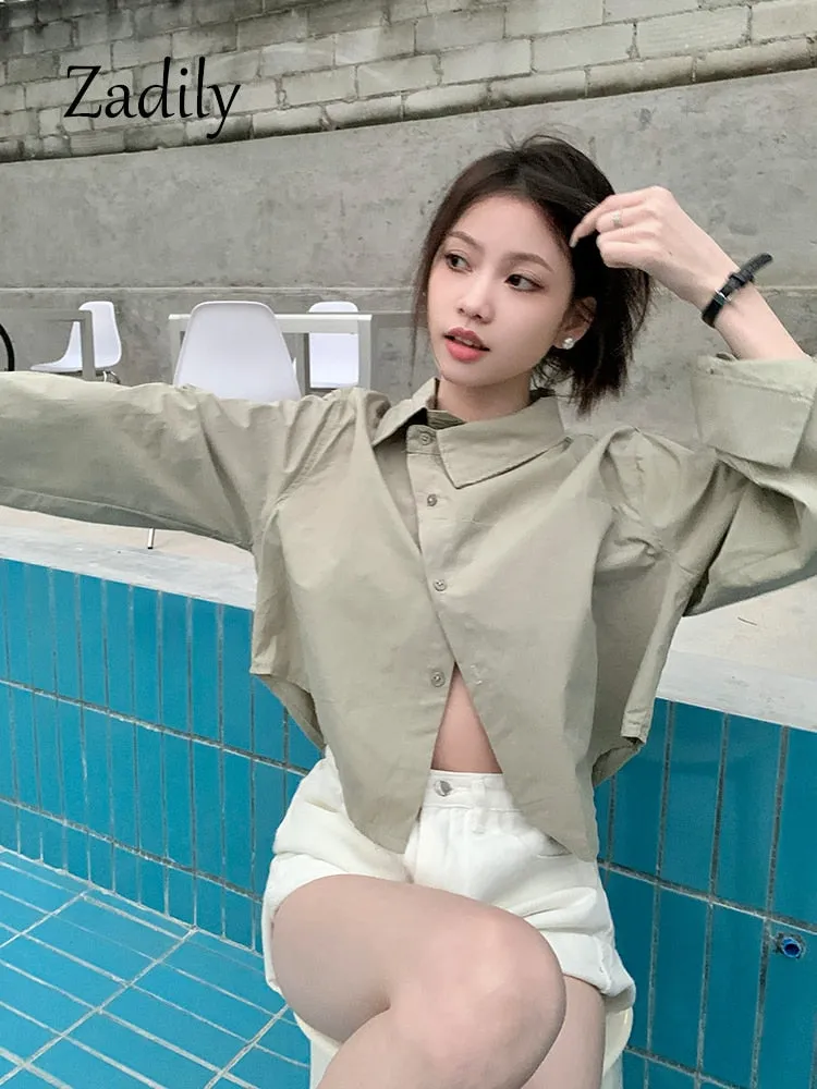 znbbw 2023 Summer Office Lady Long Shirt Women Crop Shirt Korea Style Asymmetrical Button Up Woman Blouse Work Female Clothing - Image 3