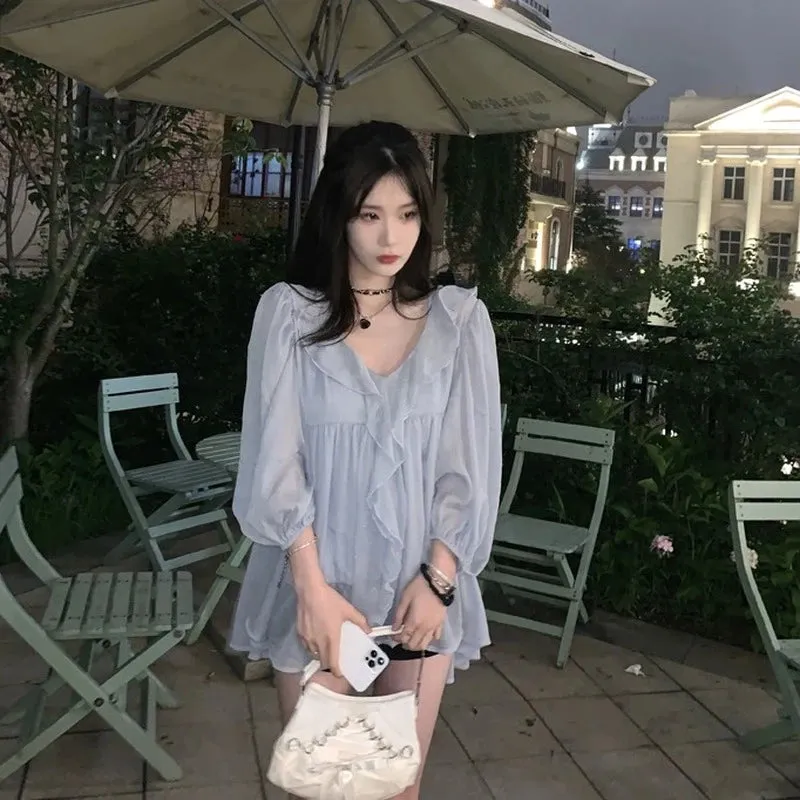 Znbbw Autumn Sweet Elegant Chiffon Blouse Women Blue Casual Korean Fashion Blouse Female Ruffle High Street Designer Clothing New - Image 5