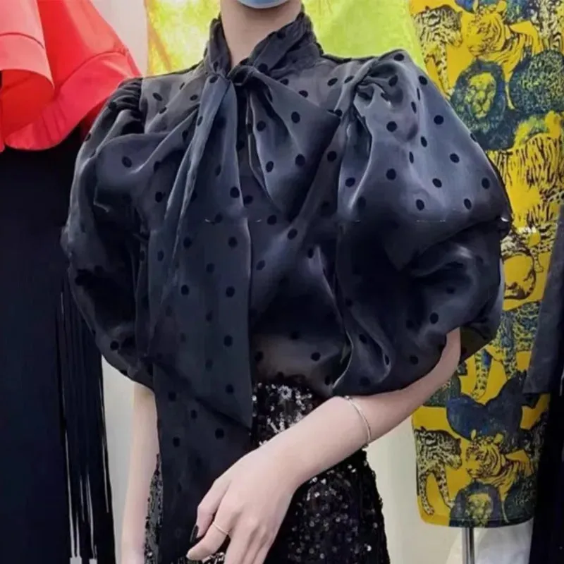 Znbbw Bow Shirts & Blouses Contrast Dot Print Blusas 2024 New Puff Sleeve Camisas Korean Ropa Mujer Spring Summer Tops - Image 3