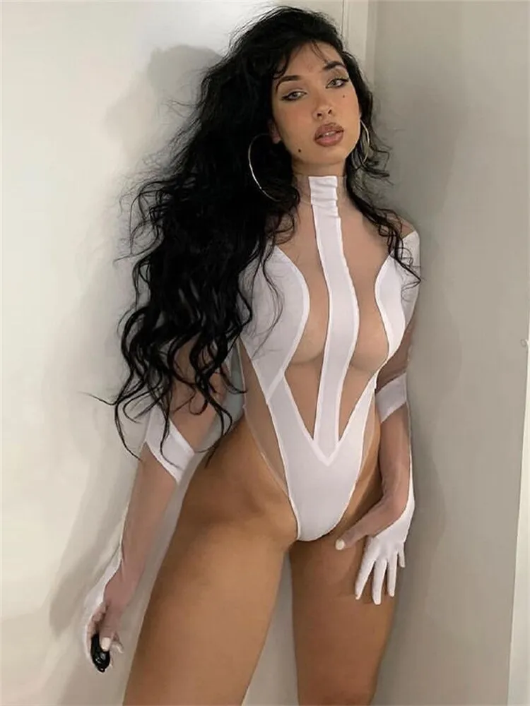 znbbw Autumn Sexy Mesh Patchwork Sheer Bodysuit Club Outfit For Women 2023 Long Sleeve O Neck See Through One Pieces Female - Image 6