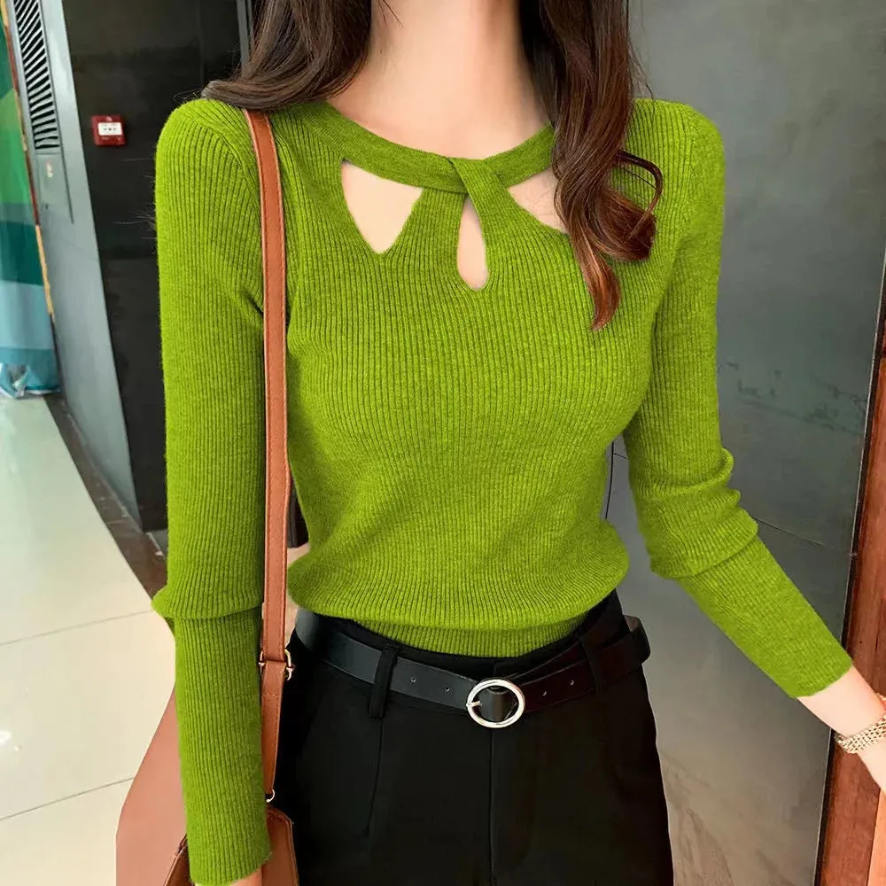 Znbbw Autumn and Winter Women's Slim Stretch Sexy Pullover Hollow Solid Color Sweater Slim Bottoming Shirt Sweater Ladies - Image 6