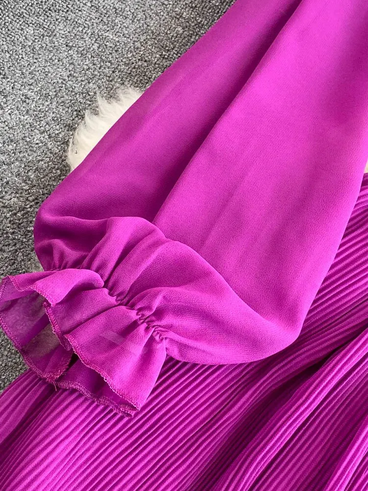 Znbbw Women Spring Autumn Dress Retro Temperament V-neck Ruffled Bubble Long-sleeved Waist Slimming A-line Pleated Dress D1892 - Image 3