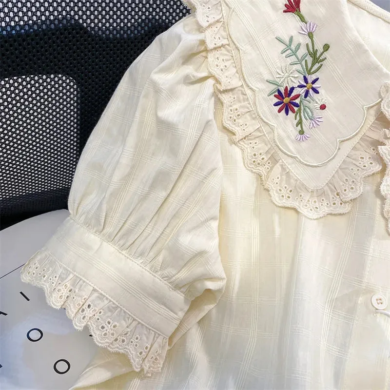 Znbbw Women Shirt Peter Pan Collar Floral Embroidery Hollow Out Ruffles Blouses French Casual Fashion Sweet Short Puff Sleeve Tops - Image 6