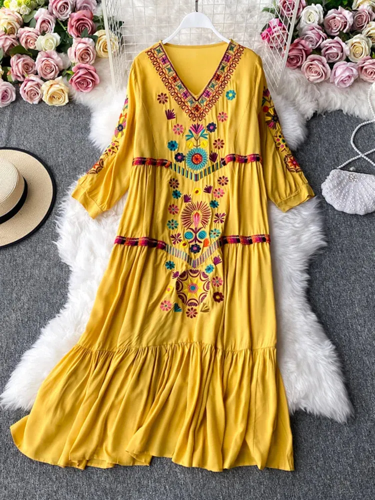 Znbbw Autumn Women Dress Seaside Vacation Beach Skirt Bohemian Loose Ethnic Style Temperament Embroidered V-Neck Dress D1827 - Image 4
