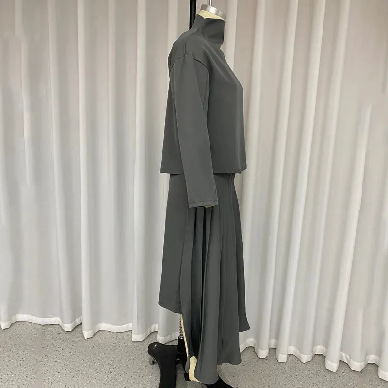 Znbbw 2 Piece Set Women Autumn Casual Solid Round Neck Long Sleeve Pullover Top Loose Irregular Pleated Skirt Sets Streetwear - Image 5