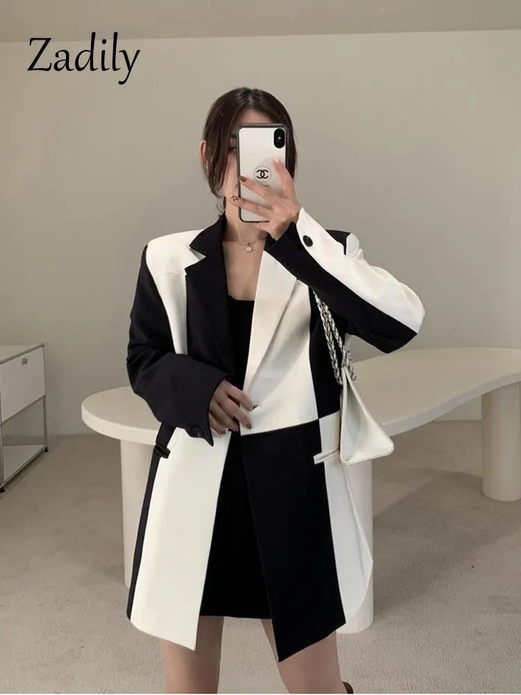 znbbw 2023 Herfst Oversize Volledige Mouw Vrouwen Lange Blazer Kantoor Dame Zwart Wit Patchwork Pak Blazer Werk Vrouwelijke Kleding Jas - Image 5