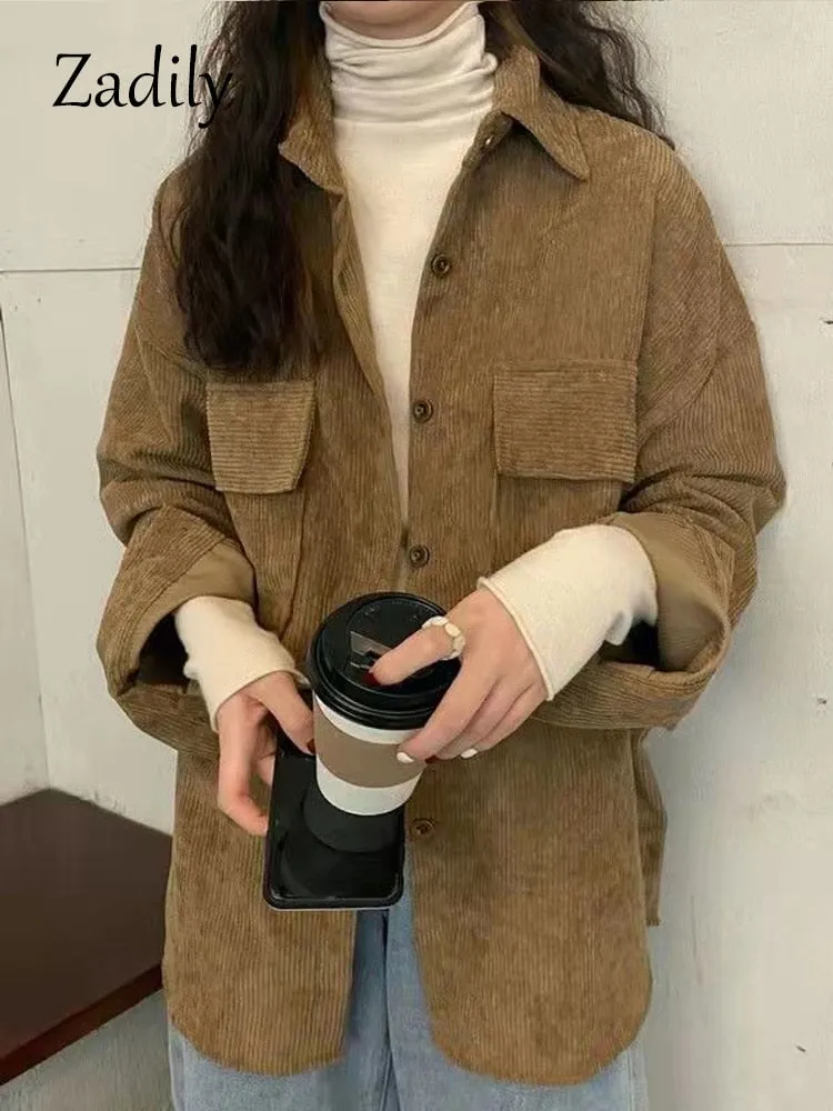 znbbw 2023 Winter Minimalist Long Sleeve Corduroy Shirt Women Korean Style Button Up Ladies Blouse Coat Female Clothing Tops - Image 6