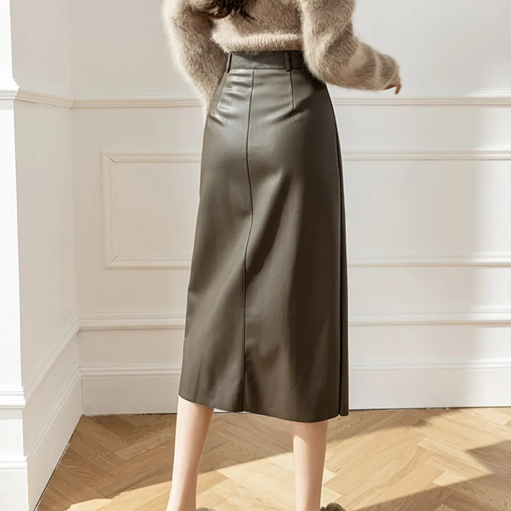 Znbbw Autumn Winter PU Leather Skirts For Women Elegant High Waist Wrap Hip Pencil Skirts Office Lady A-Line Midi Skirts - Image 6