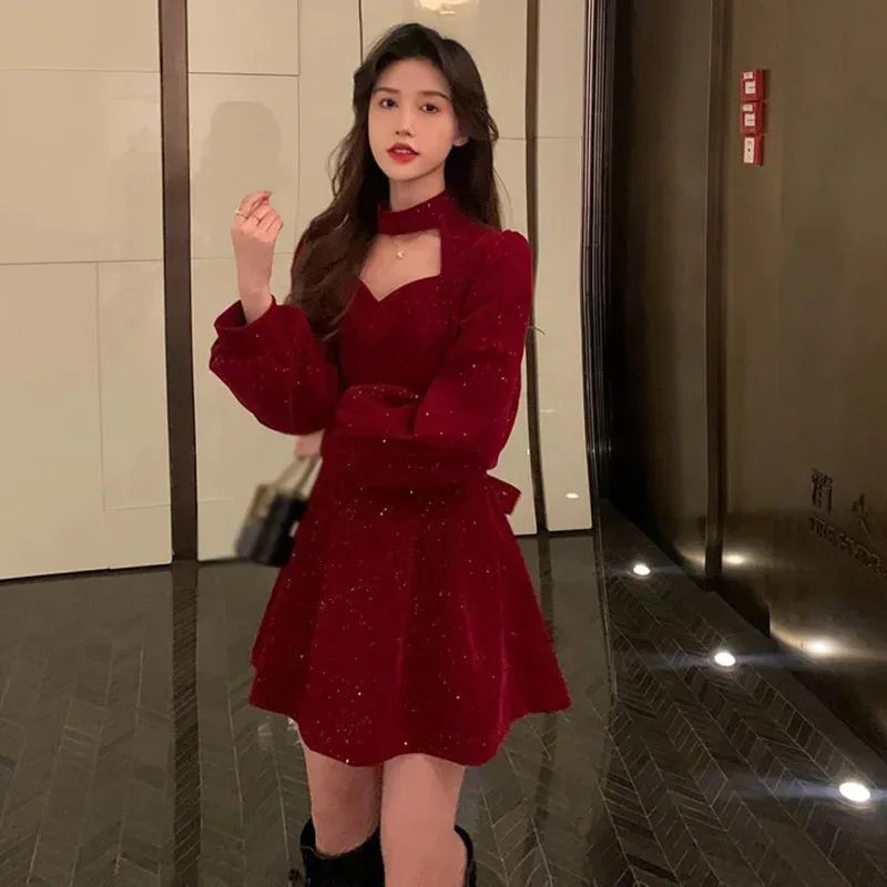 Znbbw Women's Dress Autumn And Winter Dress Slim Velvet Neck Elegant Dress - Image 4