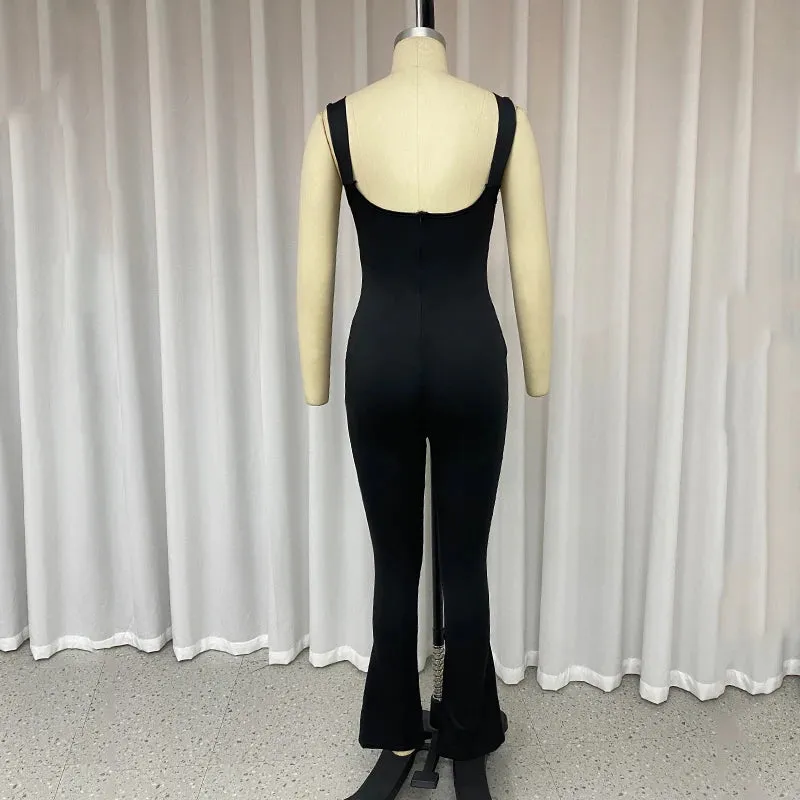 Znbbw Women's Jumpsuit Summer Sexy Sleeveless Cutout Backless Nipped Waist Zipper Solid Flare Pants Bodycon Romper Streetwear - Image 5