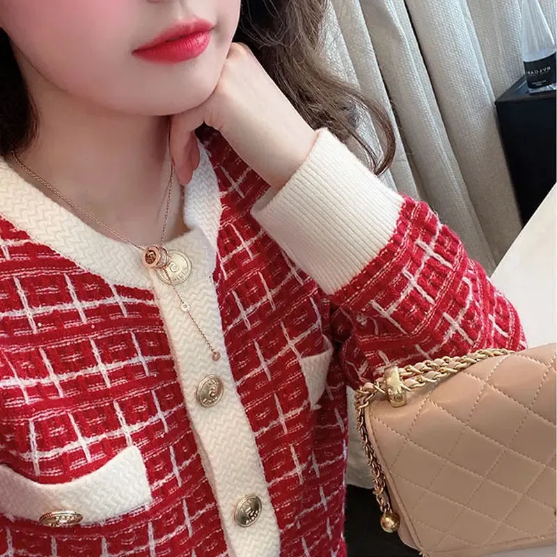 Znbbw Autumn Sweater Women Knitted Cardigan New Year 2024 Spring and Autumn Checker Red Small Fragrant Coat O Neck Sweater - Image 8