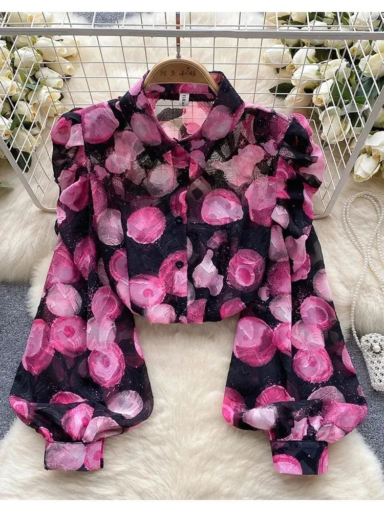 Znbbw Women Spring Autumn Shirt Retro Romantic Atmosphere Printed Shirt with Bubble Sleeves Design High Grade Small Style Top D5496