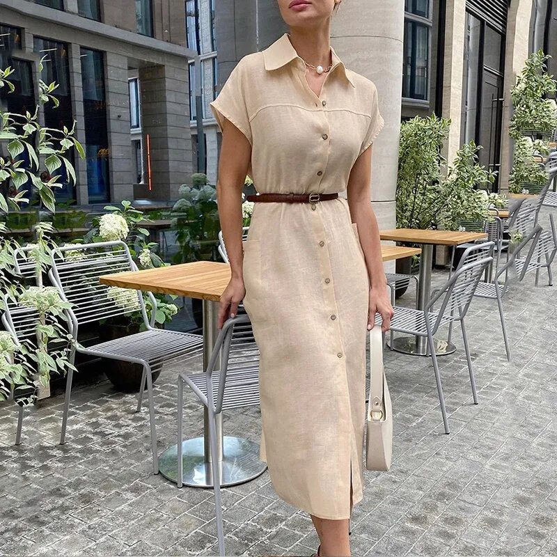 znbbw Women Lapel Single-Breasted Dress Spring Summer New Commute Holiday Cotton Linen Dress Temperament Elegant High Waist Long Dress - Image 4
