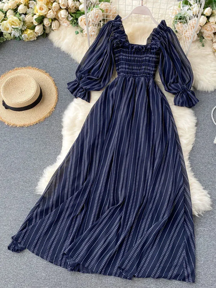 Znbbw Women's Dress New Square Collar Wooden Ear Bubble Sleeve Dress Korean Style Waist Slim Chiffon Female Dresses LL087 - Image 9