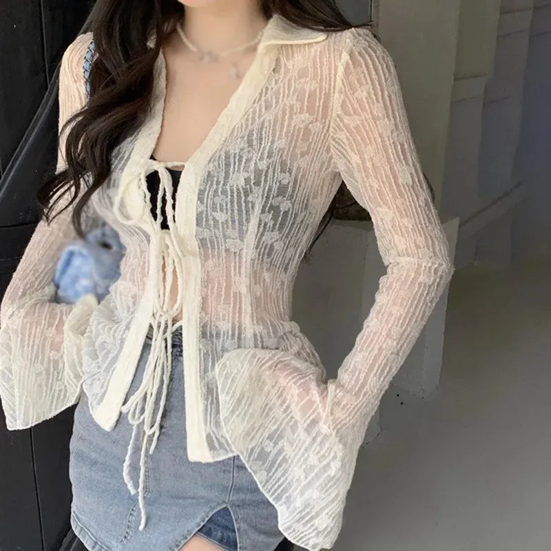 Znbbw Women's top Waist up Slim fitting Women's coat Air-conditioned shirt Sunscreen Cardigan Lace Lace up T-shirt - Image 3