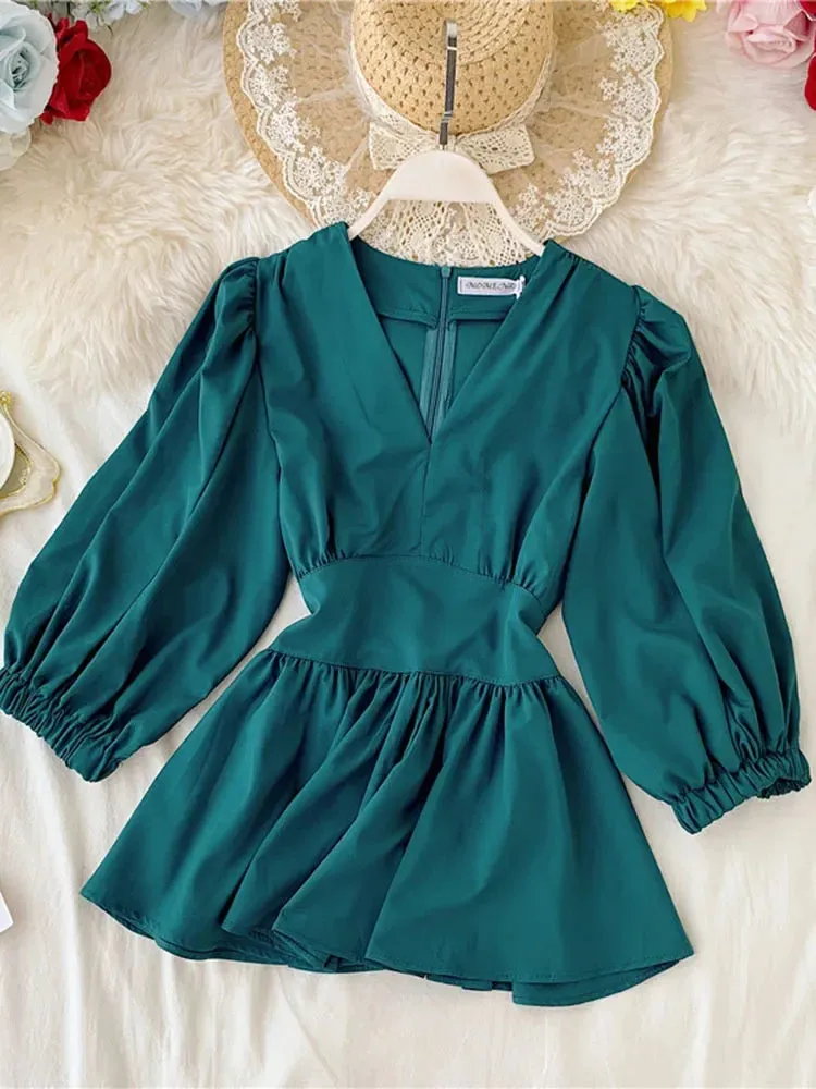 Znbbw Women's V-neck Shirt Spring Summer Temperament Lady Style Was Thin Waist Full Shirt Tide Solid Puff Sleeve Tops Blouses ML564 - Image 3