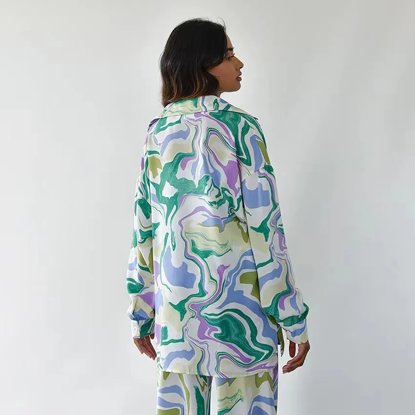 znbbw Autumn Print Pants Set 2 Pieces Womens Outfits Elegant Long Sleeve Shirts Female Spring Fashion High Waist Long Pants Suits - Image 4