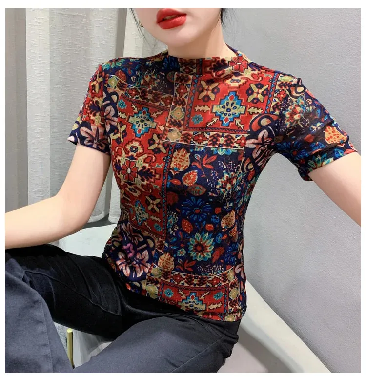 Znbbw Autumn Mesh Tshirts Women Short Sleeve Half Turtleneck Printed Floral Tees Girls Slim Elastic T Shirts Tops BH3878 - Image 3