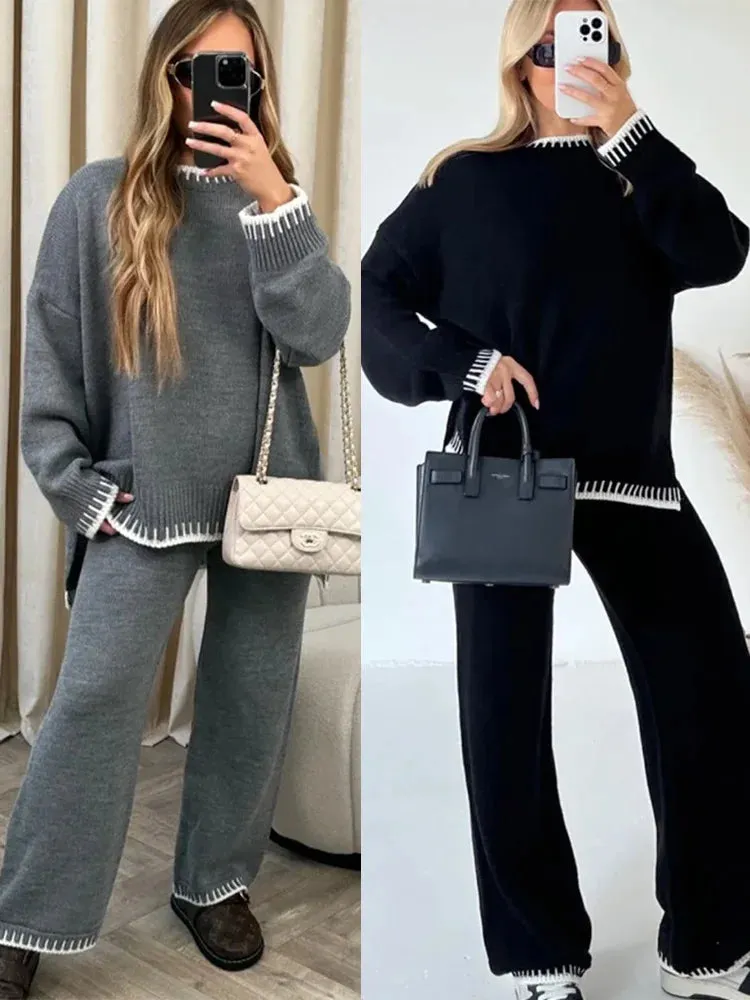 Znbbw Women's Knitwear Suit Autumn Winter Loose O-neck Long Sleeve Striped Pullover Soft High Waist Straight Pants Two-piece Suits