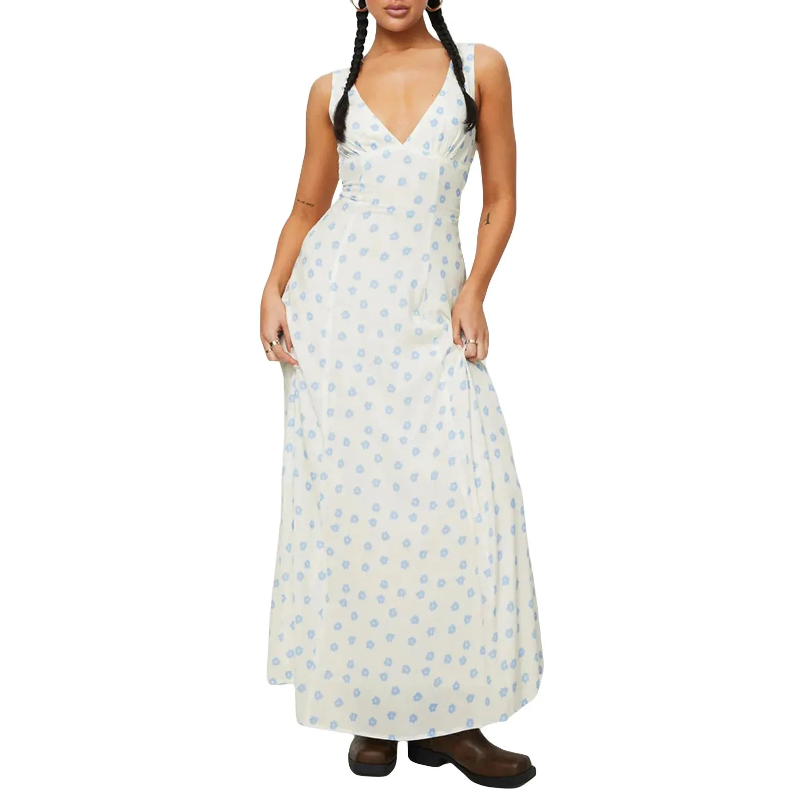 Znbbw Women y2k Aesthetic V Neck Maxi Dress Vintage Floral Print Sleeveless Backless Long Dress Bohemian Beach Midi Dress Streetwear - Image 8
