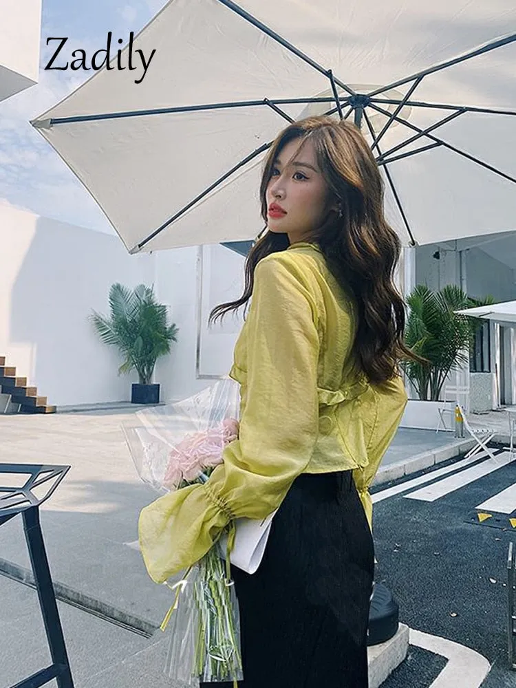 znbbw 2023 Spring Sexy Ruffled Flare Long Sleeve Women Blouse Korea Style Vintage Transparent Short Chiffon Shirt Ladies Tops - Image 8