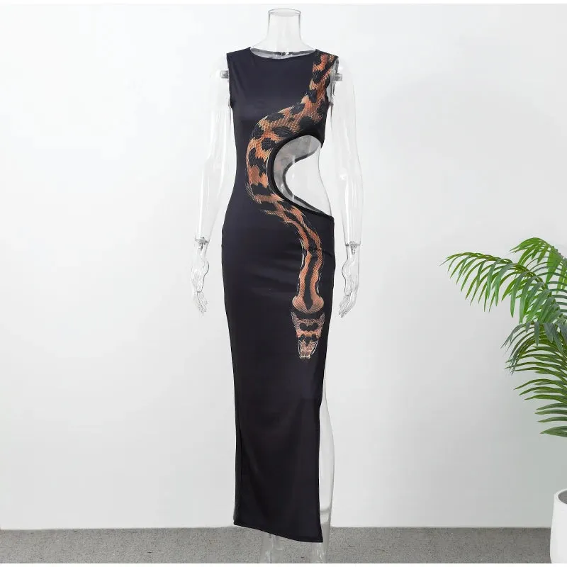 Znbbw Snake Printed Waist Hollow Out Long Dress Women Sexy O Neck Sleeveless High Split Slim Robes 2024 Lady Party Night Gowns - Image 5
