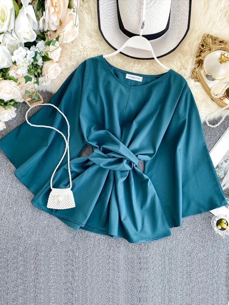 Znbbw Women's Shirt Spring Summer Tide Ins Super Fire Lacing Waist Lady Temperament Flare Sleeve Solid O-Neck Blouse Wild Top ML649 - Image 2