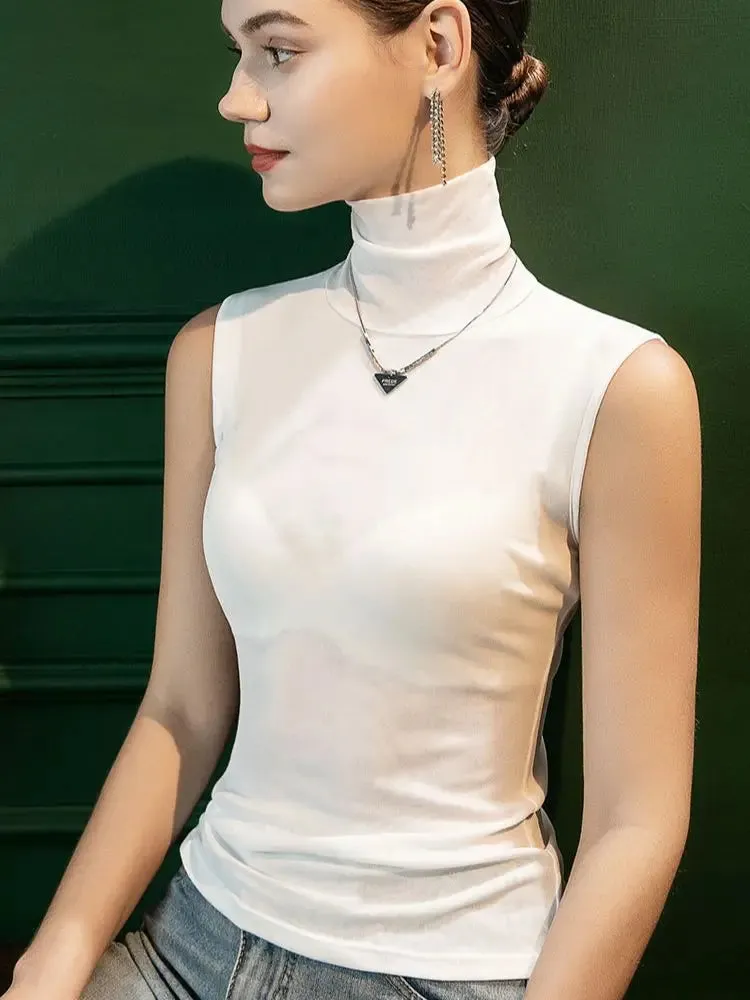 Znbbw Autumn Basic Mesh Tank Girls Turtleneck Elastic Slim Sheath Top Female Solid Simple Sleeveless Tees Tshirts - Image 4