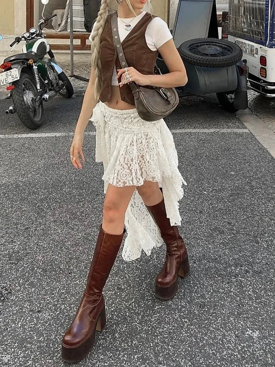 Znbbw Aesthetic Asymmetrical Hem Skirts Stitching Lace Low Waist Mini Skirts Summer Holiday Retro Fairycore Clothes 2023 New Chic 0410 - Image 4