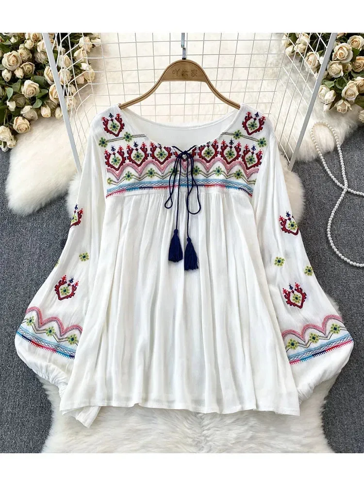 Znbbw Women Spring Embroidery Blouse Flower Vintage Ethnic Lantern Long Sleeved O-Neck Loose Cotton Linen Shirt Casual Top D5082 - Image 7