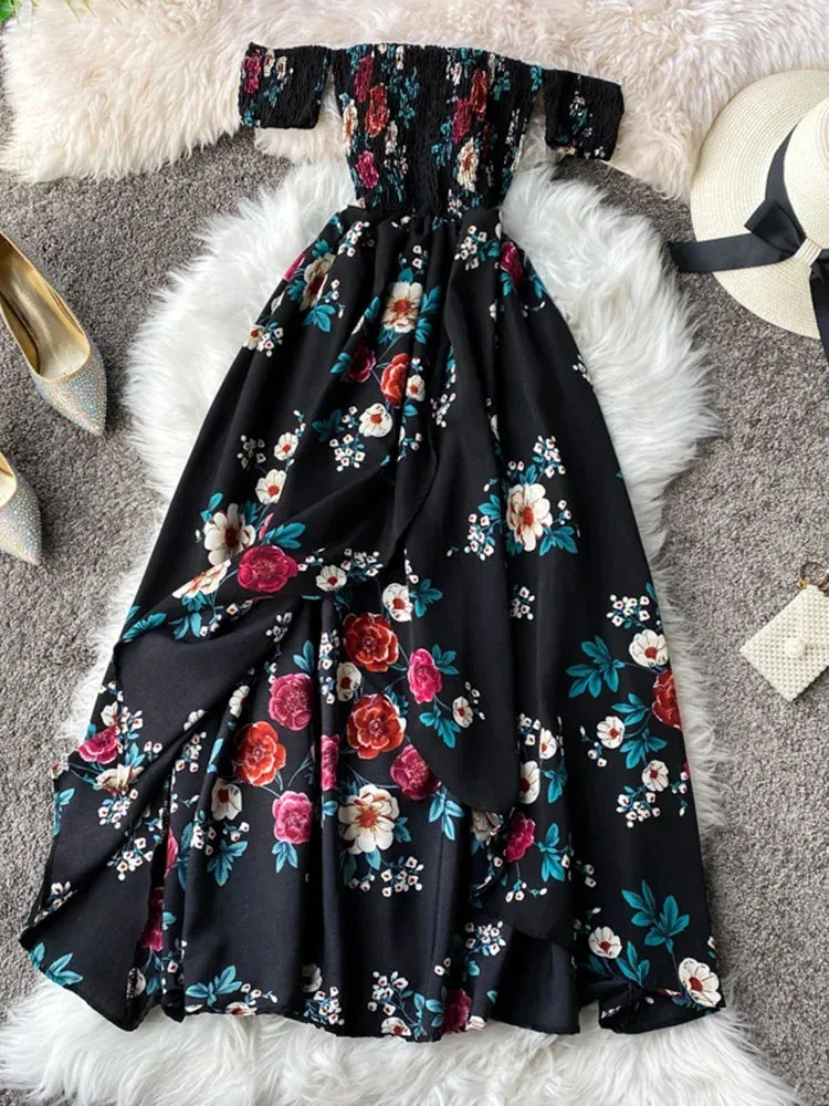 Znbbw Women's Irregular Slit Print Floral Long Dress One-way Neck Strapless Chest Wrap Short Sleeve Dresses LL006 - Image 11