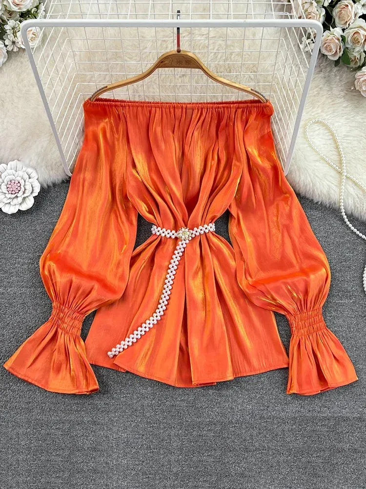 Znbbw Autumn Women's Mid-length Chiffon Blouse with Waistline Neckline Flared Sleeve Shirt Women GD610 - Image 7