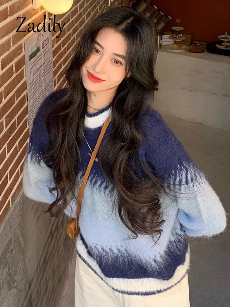 znbbw 2023 Winter Korea Style Gradient O Neck Women Sweater Casual Loose Long Sleeve Warm Ladies Knit Pullover Female Clothing - Image 5