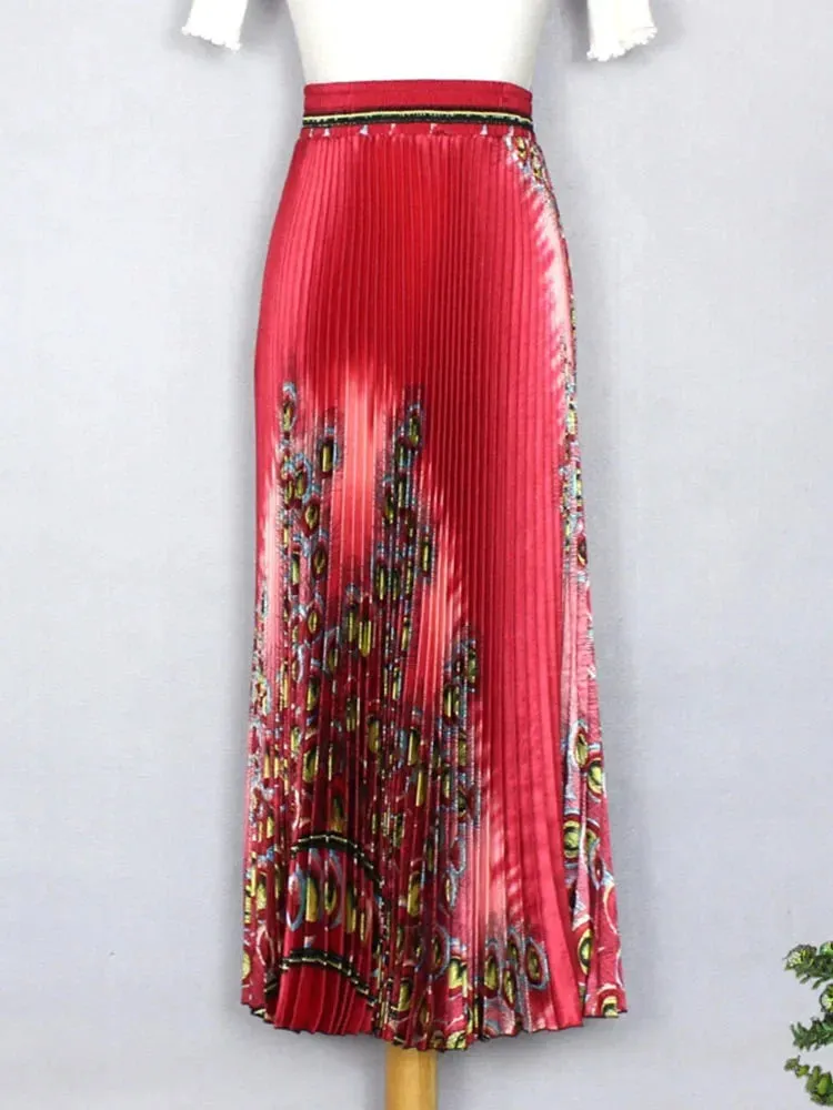 Znbbw Women's Spring Summer Glossy Print Pleated Skirt Large Size High Waist Temperament Was Thin Large Pleated Skirt WA257 - Image 4