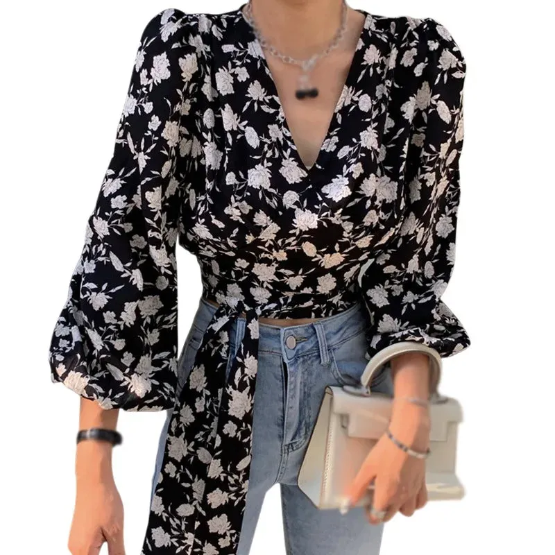 Znbbw Women's Floral Print Blouse V Neck Lace Exposed Navel Long Sleeves Chiffon Shirts Tops - Image 7