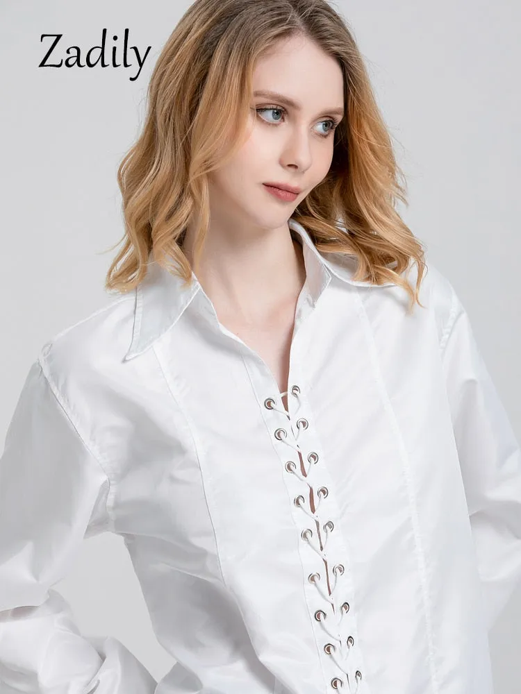 znbbw 2023 Summer Streetwear Long Sleeve Women Oversize White Shirt Corns Hole Bandage Woman Blouse Casual Female Clothing Tops - Image 7