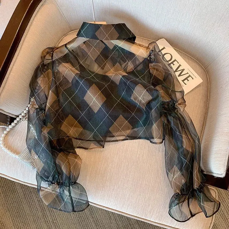 Znbbw Argyle Chiffon Blouse Women Thin Perspective Plaid Flare Sleeve Casual Tops Summer Elegant Office Ladies Button Shirts - Image 4