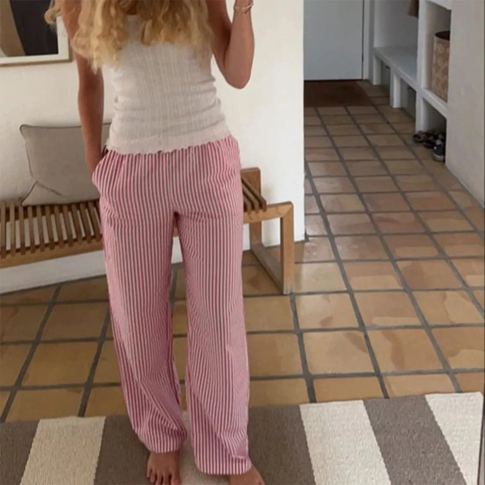 Znbbw Women's Vintage Aesthetic Striped Drawstring Cargo Pants Low Waist Loose Wide Leg Baggy Pants Trousers Sweatpants Streetwear - Image 6