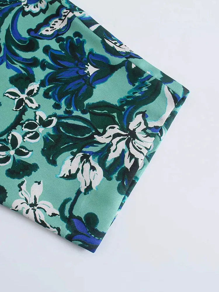 Znbbw ZBZA Women 2023 Vintage Half Sleeve Green Floral Print Jumpsuits Chic Ladies Zipper Design Casual Sashes Rompers 202308 - Image 4