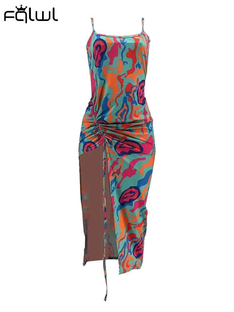 znbbw Red Printing Cami Long Dress Night Club Outfit For Women 2023 Summer Pink Bodycon Pleated Backless Split Maxi Dress 912 - Image 8