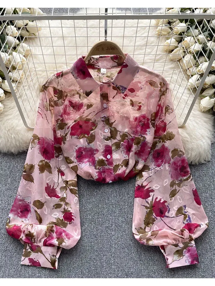 Znbbw Women Spring Shirt Korean Version Temperament High-end Floral Shirt with Bubble Sleeve Design Niche and Unique Top D5053 - Image 2