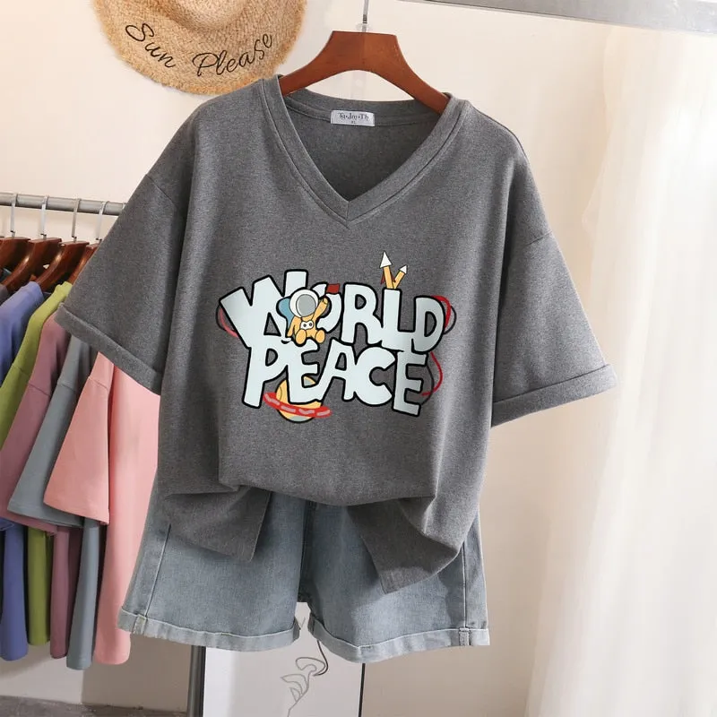 Znbbw 100 Cotton L-5XL T Shirt Plus Size Tshirt Short Sleeve Women Top Summer Letter Print Couple V Neck Oversized T Shirts - Image 10