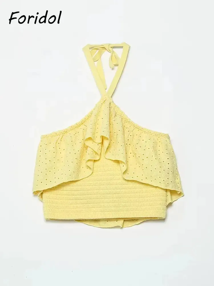 Znbbw Women Yellow Lace Halter Sexy Top Knitted Elastic Ruffles Hollow Out White Crop Top Summer Autumn Cotton Camis 2024 - Image 3