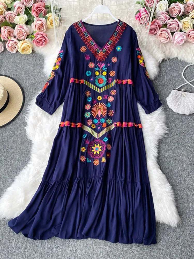 Znbbw Autumn Women Dress Seaside Vacation Beach Skirt Bohemian Loose Ethnic Style Temperament Embroidered V-Neck Dress D1827 - Image 3