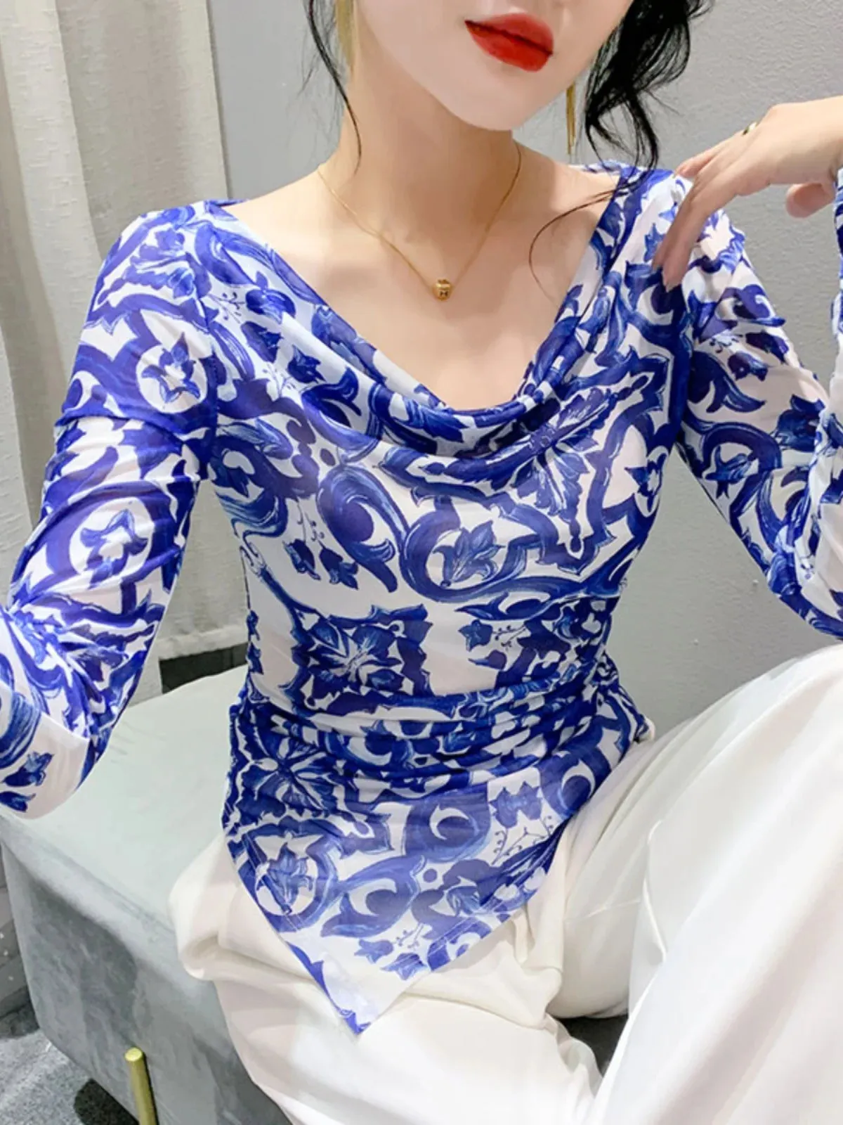 Znbbw Autumn Mesh T-shirt Women Full Sleeve Irregular Hem Elegant High Stretch Slim Top - Image 3